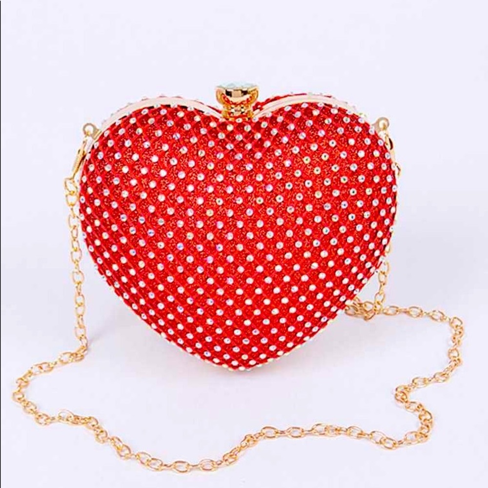 WOMEN’S RED MESH RHINESTONE HEART BOX GOLD STRAP CHAIN CLUTCH CROSSBODY PURSE